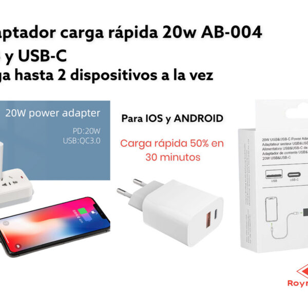 ADAPTADOR CARGA RAPIDA 20W USB Y USB-C DOBLE