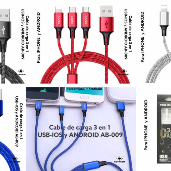 CABLE DE CARGA 3 EN 1 PARA IOS Y ANDROID NEGRO