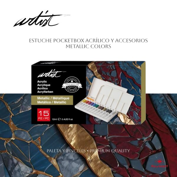 ESTUCHE 15 PZAS POCKETBOX METALLIC ACRYLIC 12 ML