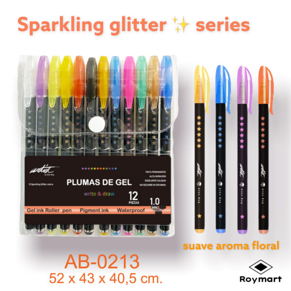 12 PLUMAS GEL INK GLITTER ARTIST