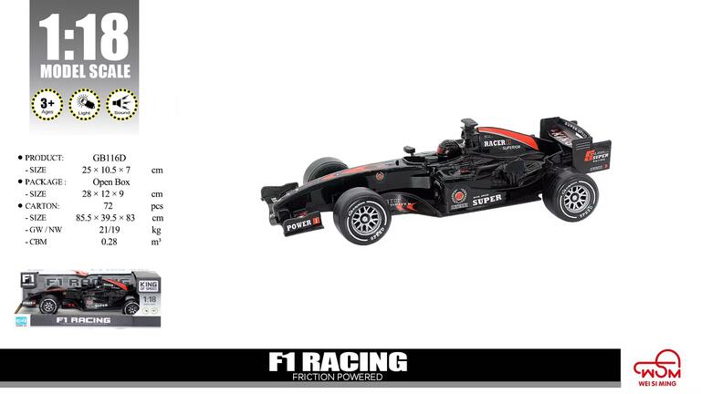 COCHE F1 NEGRO CON LUZ Y SONIDO ESCALA 1:18