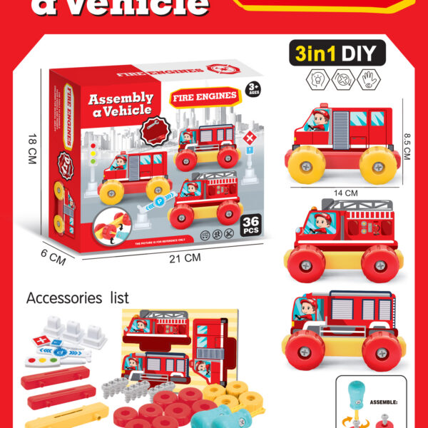 SET EMSAMBLAJE 3 EN 1 VEHICULOS BOMBEROS 36 PZAS.