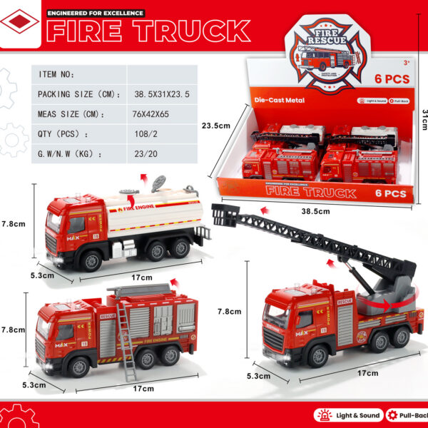 EXP.6 CAMIONES BOMBEROS PULL BACK LUZ Y SONIDO