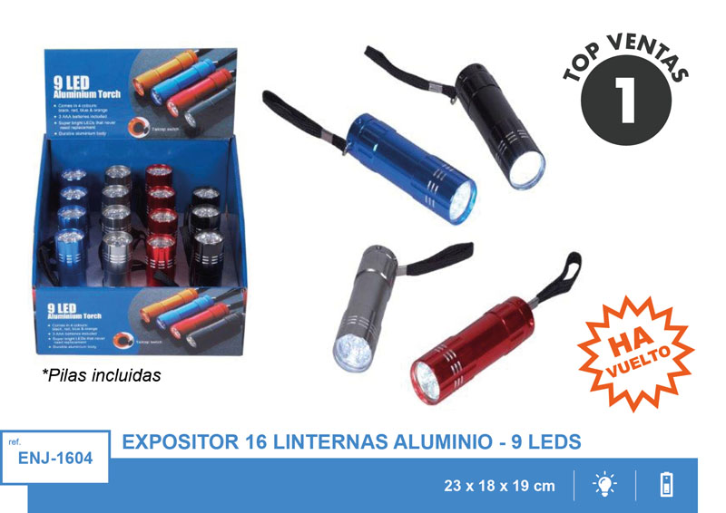 EXP.16 LINTERNAS ALUM.9 LEDS,4 COL.METALICOS