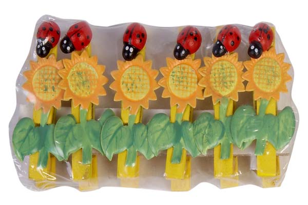 PACK DE 6 PINZAS AMARILLAS C/GIRASOL Y MARIQUITA