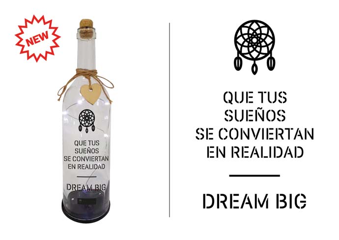 BOTELLA C/LUCES LED Y MENSAJE, QUE TUS SUEÑOS...