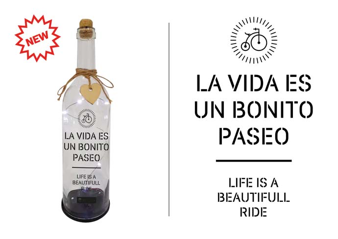 BOTELLA C/LUCES LED Y MENSAJE, LA VIDA ES UN ....