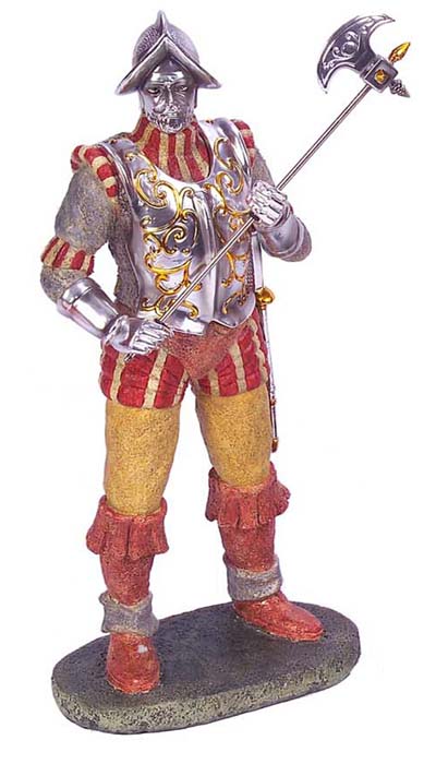 FIGURA CONQUISTADOR CASACA ROJA Y LANZA HACHA